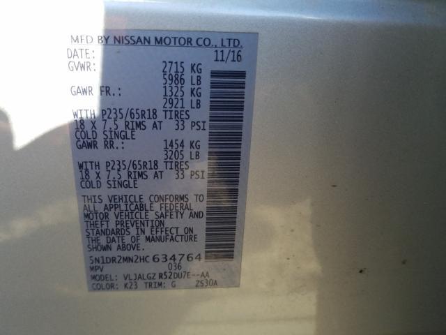 2017 NISSAN PATHFINDER 5N1DR2MN2HC634764