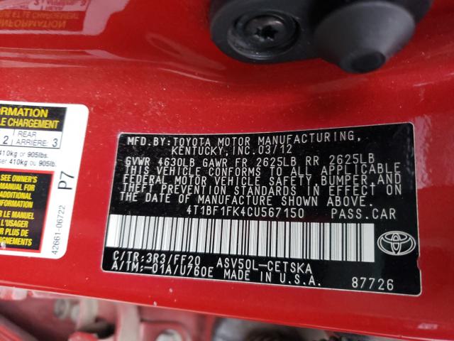 2012 TOYOTA CAMRY BASE 4T1BF1FK4CU567150