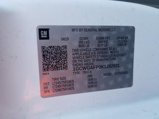 2019 CHEVROLET EXPRESS G2 1GCWGAFP0K1282931