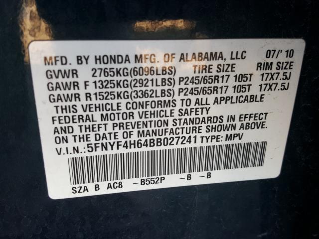 2011 HONDA PILOT EXL 5FNYF4H64BB027241