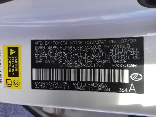 2010 LEXUS HS 250H JTHBB1BA3A2001727