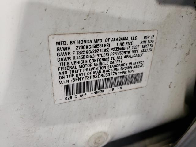 2012 HONDA PILOT EXL 5FNYF3H53CB033776