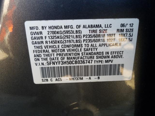 2012 HONDA PILOT EXL 5FNYF3H50CB036747