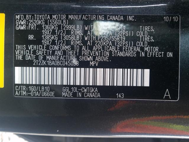 2010 LEXUS RX 350 2T2ZK1BA0BC045098
