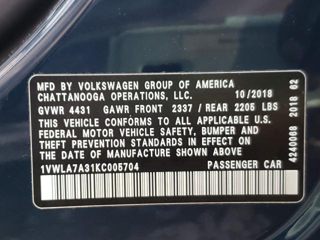 2019 VOLKSWAGEN PASSAT WOL 1VWLA7A31KC005704