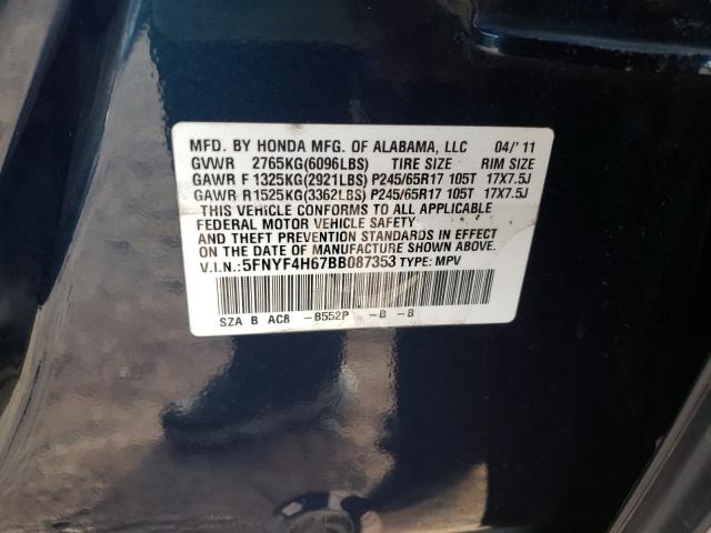 2011 HONDA PILOT EXL 5FNYF4H67BB087353