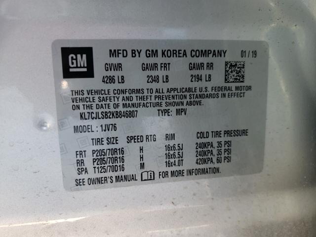 2019 CHEVROLET TRAX 1LT KL7CJLSB2KB846807