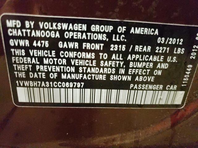 2012 VOLKSWAGEN PASSAT SE 1VWBH7A31CC069797