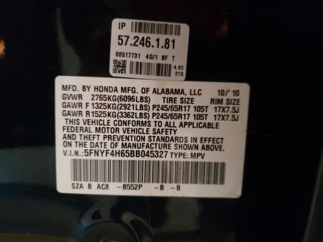 2011 HONDA PILOT EXL 5FNYF4H65BB045327