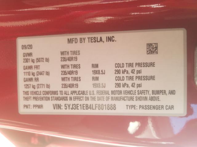 2020 TESLA MODEL 3 5YJ3E1EB4LF801888