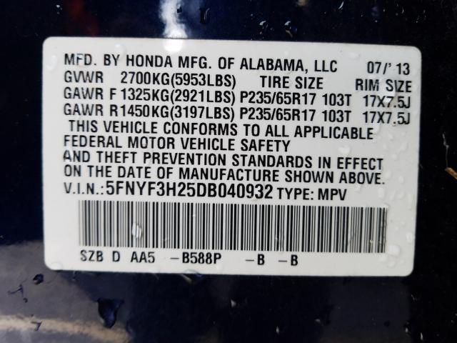 2013 HONDA PILOT LX 5FNYF3H25DB040932