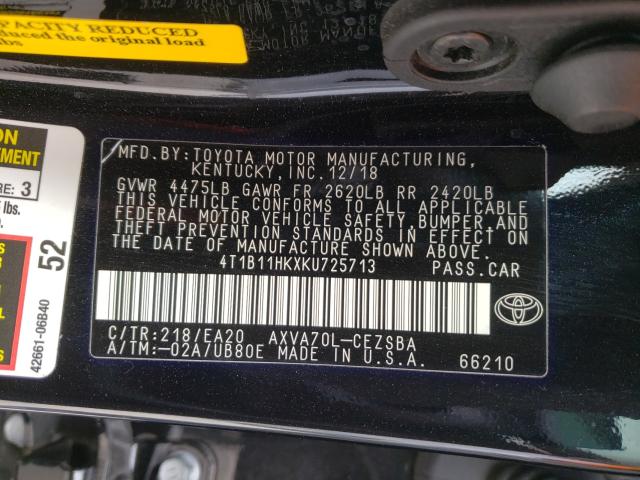 2019 TOYOTA CAMRY 4T1B11HKXKU725713