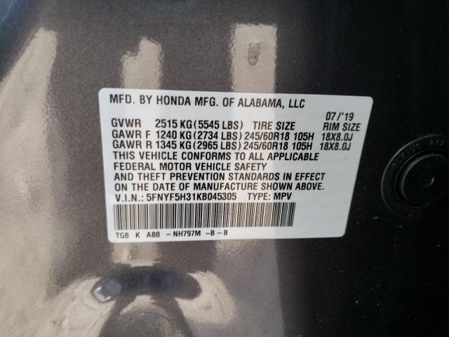 2019 HONDA PILOT EX 5FNYF5H31KB045305