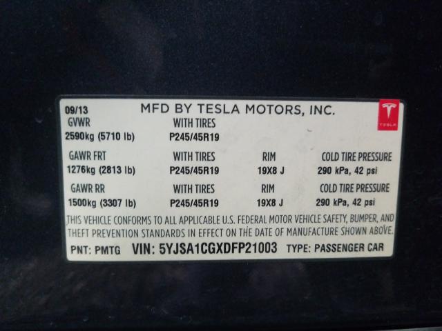 2013 TESLA MODEL S 5YJSA1CGXDFP21003