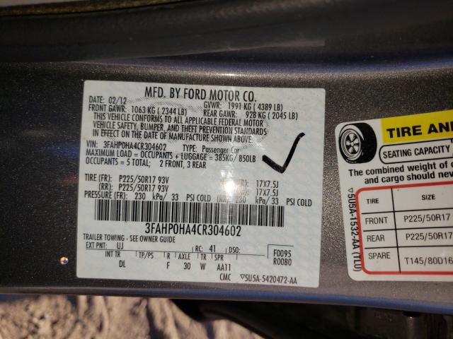 2012 FORD FUSION 3FAHP0HA4CR304602