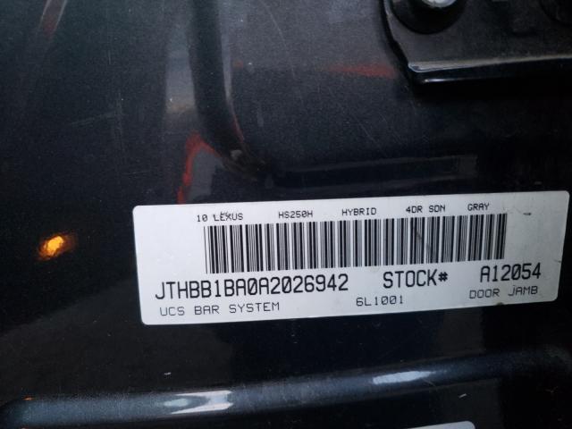 2010 LEXUS HS 250H JTHBB1BA0A2026942
