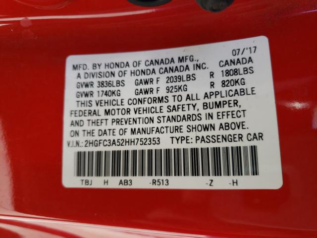 2017 HONDA CIVIC SI 2HGFC3A52HH752353