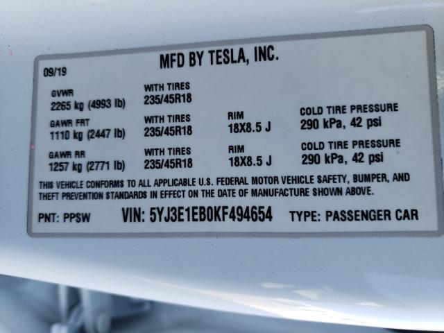 2019 TESLA MODEL 3 5YJ3E1EB0KF494654