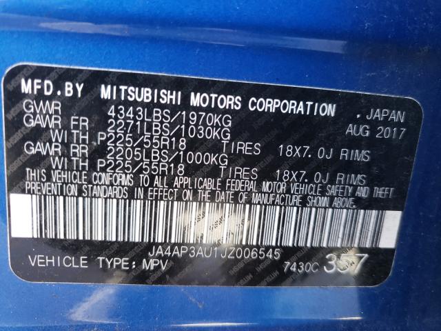 2018 MITSUBISHI OUTLANDER JA4AP3AU1JZ006545
