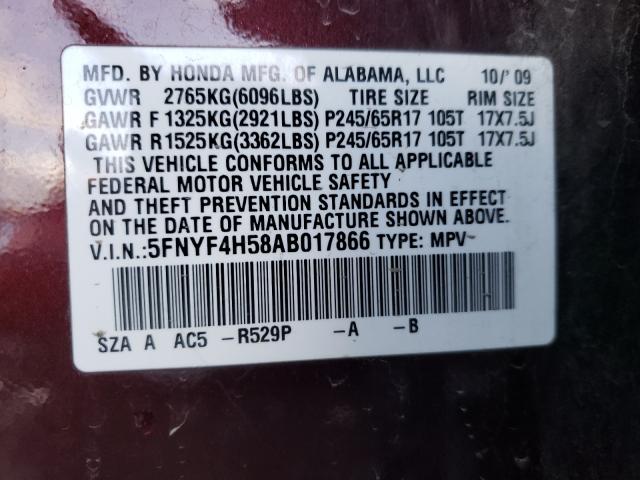 2010 HONDA PILOT 5FNYF4H58AB017866
