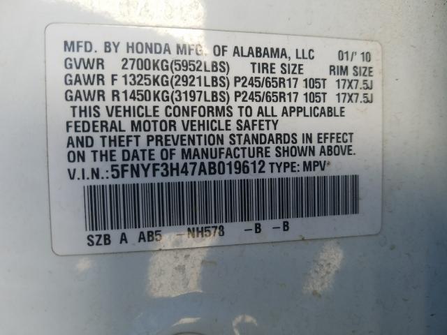 2010 HONDA PILOT EX 5FNYF3H47AB019612