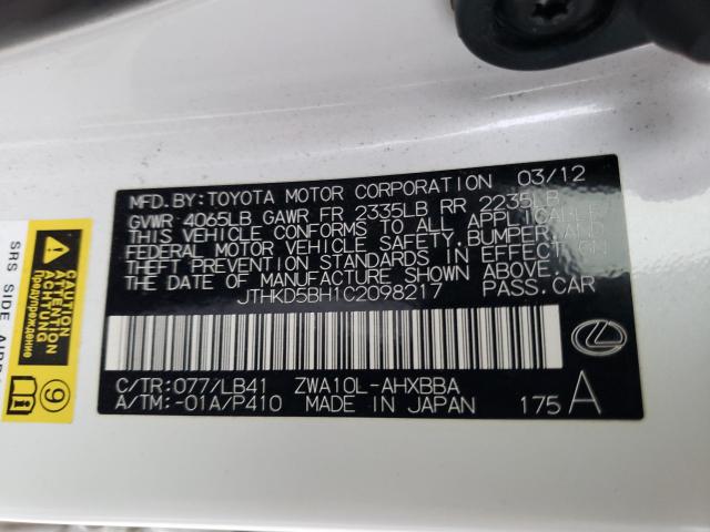 2012 LEXUS CT 200 JTHKD5BH1C2098217