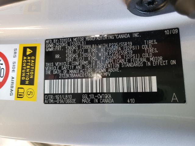 2010 LEXUS RX 350 2T2ZK1BA4AC017836