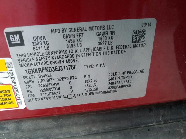 2014 GMC ACADIA SLE 1GKKRPKD3EJ311760