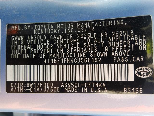 2012 TOYOTA CAMRY BASE 4T1BF1FK4CU566192
