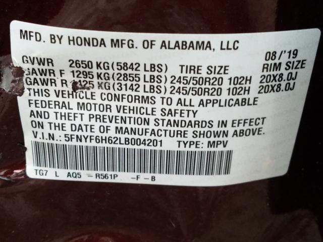 2020 HONDA PILOT TOUR 5FNYF6H62LB004201
