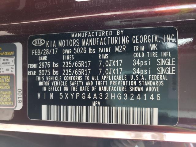 2017 KIA SORENTO 5XYPG4A32HG324146
