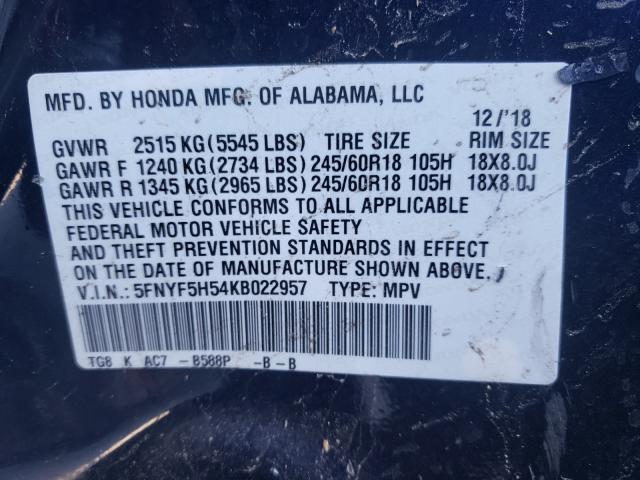 2019 HONDA PILOT EXL 5FNYF5H54KB022957
