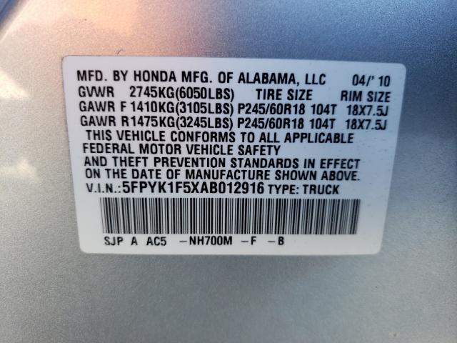 2010 HONDA RIDGELINE 5FPYK1F5XAB012916