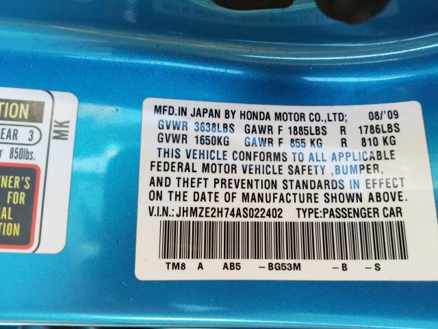 2010 HONDA INSIGHT EX JHMZE2H74AS022402