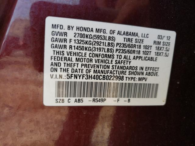 2012 HONDA PILOT EX 5FNYF3H40CB022998