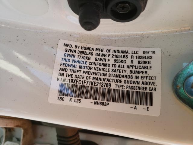 2019 HONDA CIVIC EXL 19XFC1F71KE213769