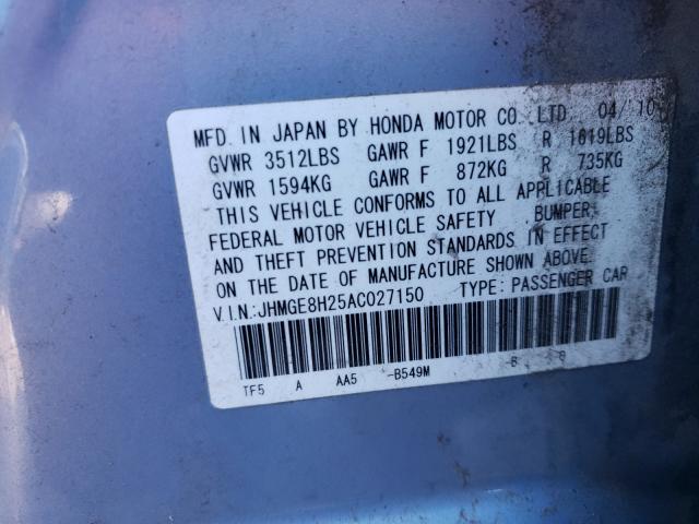 2010 HONDA FIT JHMGE8H25AC027150
