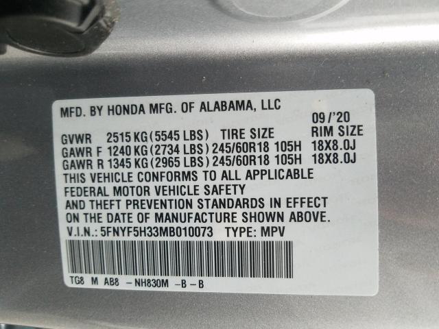 2021 HONDA PILOT EX 5FNYF5H33MB010073