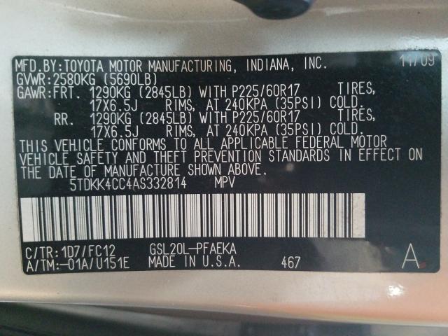 2010 TOYOTA SIENNA CE 5TDKK4CC4AS332814