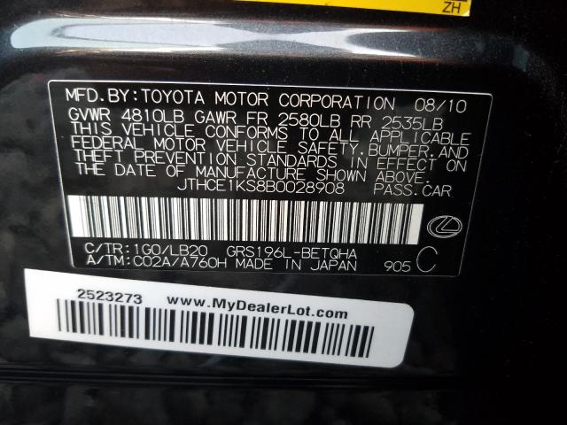 2011 LEXUS GS 350 JTHCE1KS8B0028908