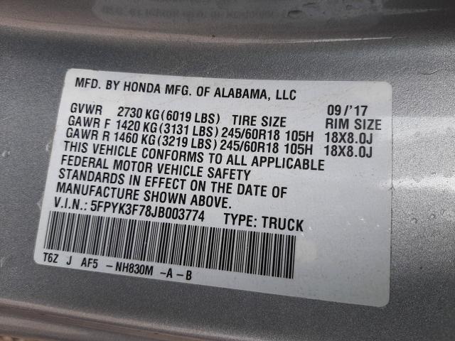 2018 HONDA RIDGELINE 5FPYK3F78JB003774