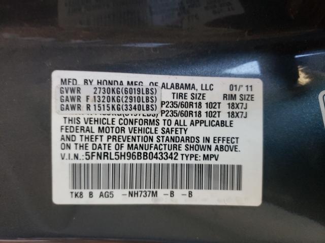 2011 HONDA ODYSSEY TO 5FNRL5H96BB043342