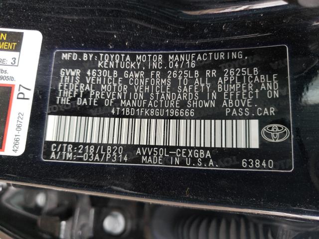 2016 TOYOTA CAMRY HYBR 4T1BD1FK8GU196666