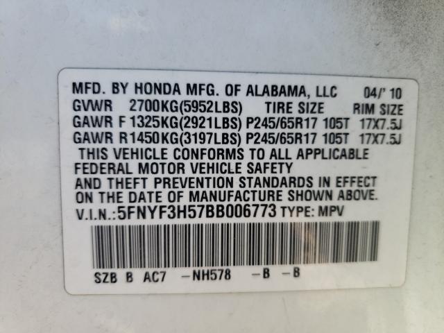 2011 HONDA PILOT EXL 5FNYF3H57BB006773