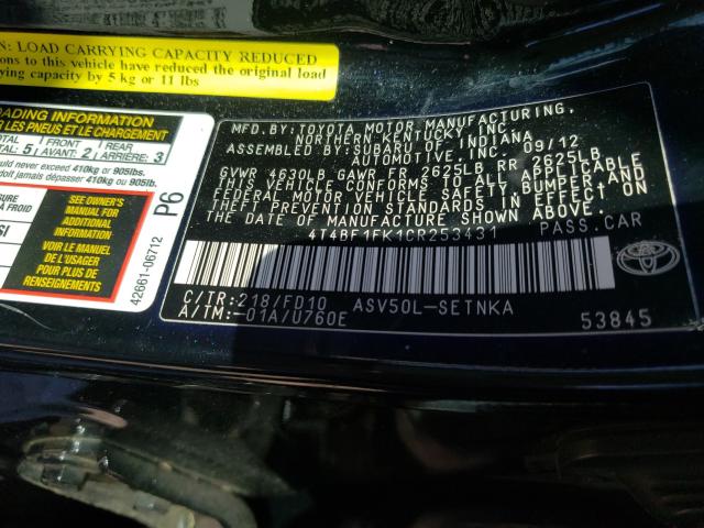 2012 TOYOTA CAMRY BASE 4T4BF1FK1CR253431