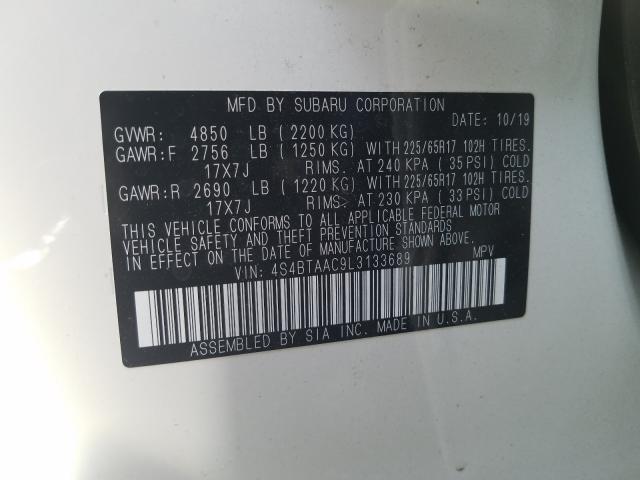 2020 SUBARU OUTBACK 4S4BTAAC9L3133689