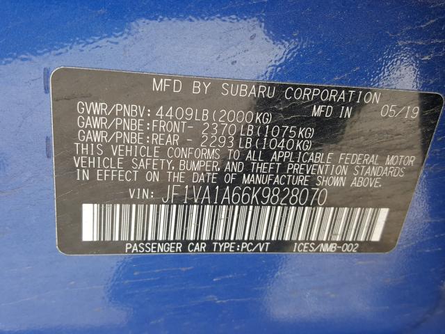 2019 SUBARU WRX JF1VA1A66K9828070