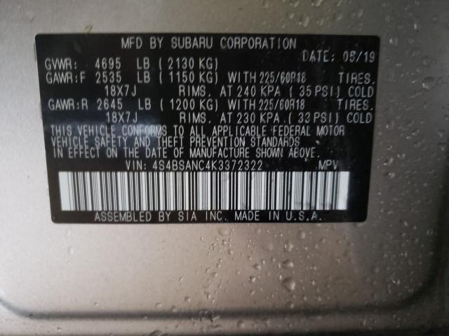 2019 SUBARU OUTBACK 2. 4S4BSANC4K3372322