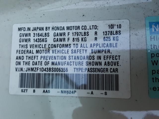 2011 HONDA CR-Z JHMZF1D43BS006356
