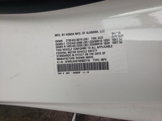 2019 HONDA ODYSSEY TO 5FNRL6H87KB002716